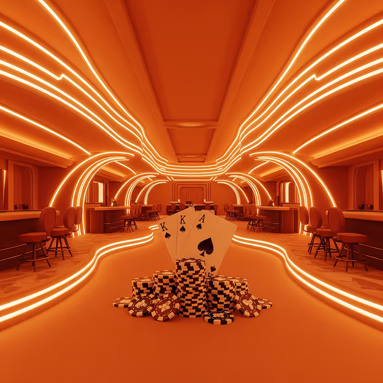 Rainbet Casino featuring a poker table stacked with chips and cards in a modern high-rise lounge overlooking the city skyline.